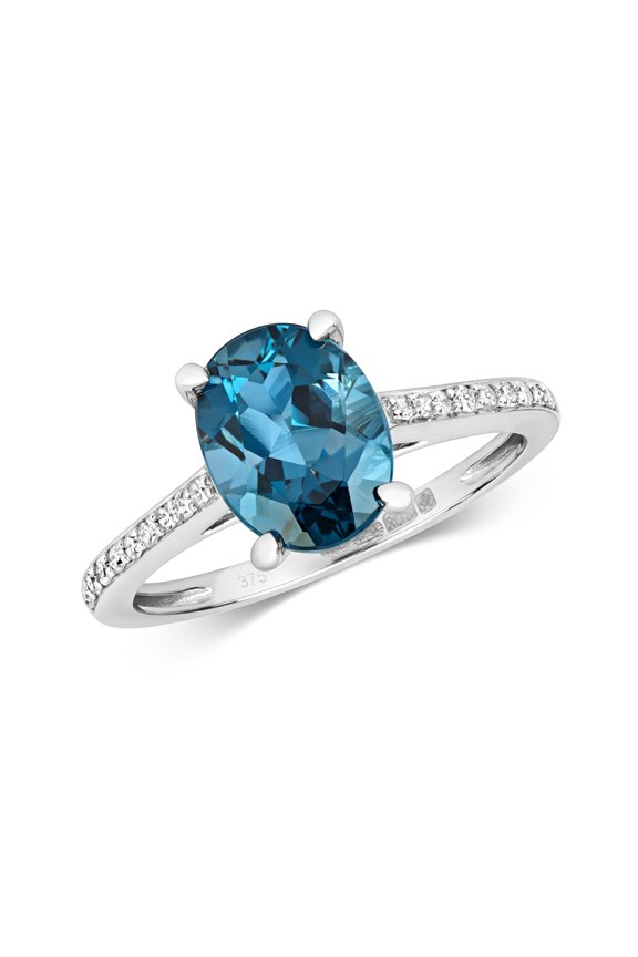 Exclusive 9k White Gold Women Diamond Solitaire Ring Brilliant Cut 0.10 Carat with London BlueTopaz