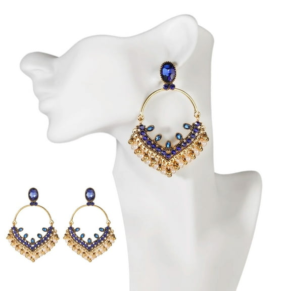 Exclusive Blue Crystal Pearl Tassel Oversized Chandbali Earrings Ethnic Indian Jewelry Long Jhumka Drop Earrings