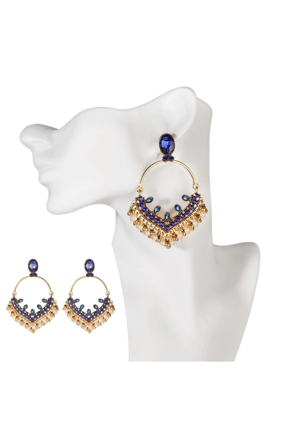Exclusive Blue Crystal Pearl Tassel Oversized Chandbali Earrings Ethnic Indian Jewelry Long Jhumka Drop Earrings