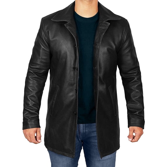 Exclusive Charcoal Black Long Leather Overcoat Jacket for Men - Handmade 3/4 Length Long Leather Celebrity Coat