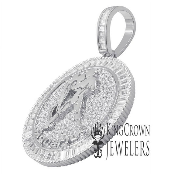 Exclusive Custom Piece Zodiac Sign Round Medallion White Gold Tone Aquarius Water Astrology Horoscope Unisex Pendent Charm 2''