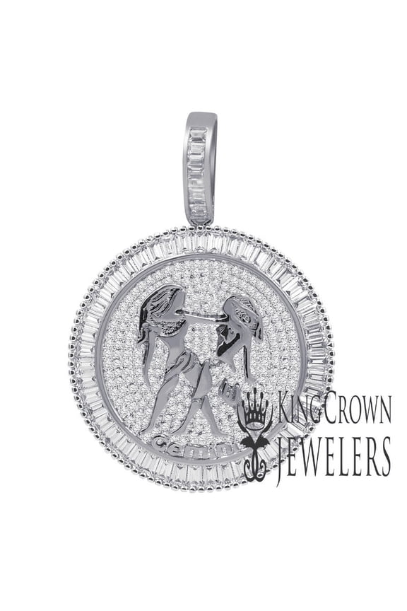 Exclusive Custom Piece Zodiac Sign Round Medallion White Gold Tone Gemini Twins Astrology Horoscope Unisex Pendent Charm 2''