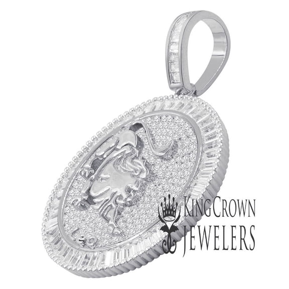 Exclusive Custom Piece Zodiac Sign Round Medallion White Gold Tone Leo Lion Astrology Horoscope Unisex Pendent Charm 2''