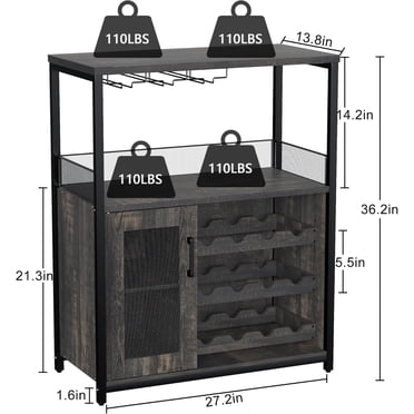 IDEALHOUSE 3-Tier Wine Bar Cabinet - Gray Buffet With Detachable Rack & Glass Holder