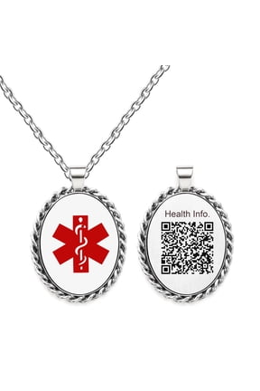 Exclusive Editable QR Code Medical Alert Necklace Stainless Steel Oval Medical ID Pendant with Unique Dynamic Health Information Update for Emergency