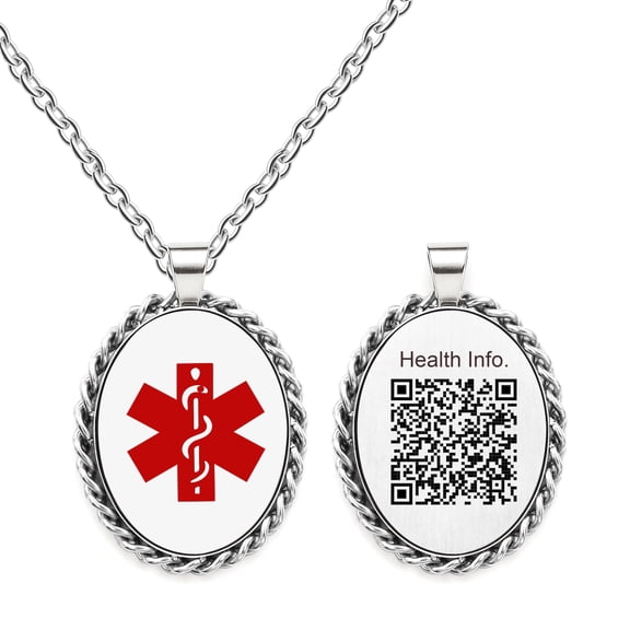 Exclusive Editable QR Code Medical Alert Necklace  Stainless Steel Oval Medical ID Pendant with Unique Dynamic Health Information Update for Emergency