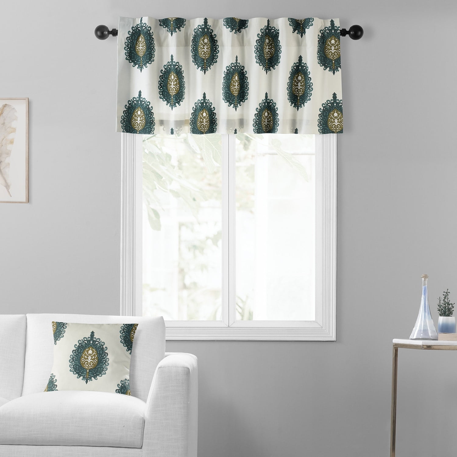 Mayan Teal and Avocado Green Cotton Window Valance 50 x 19