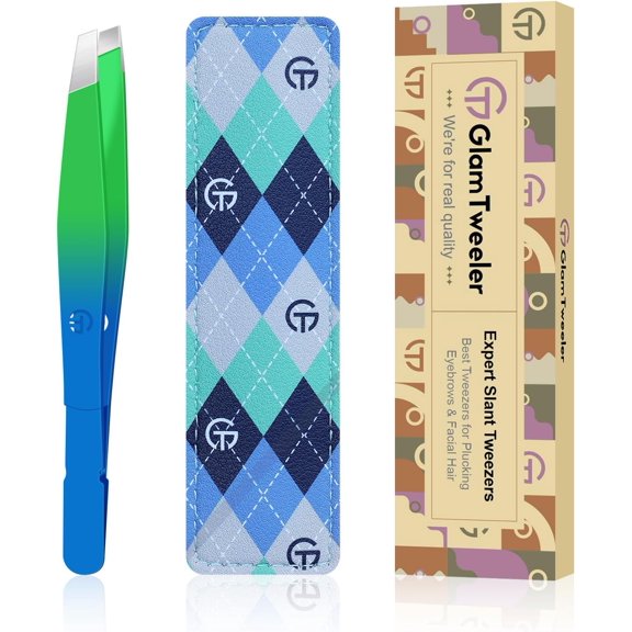 Exclusive G-01 Slant Tip Tweezers, High Precison Expert Eyebrow and Facial Hair Removal Tweezer with Leather Storage & Carrying Case (Princess Blue & Green)
