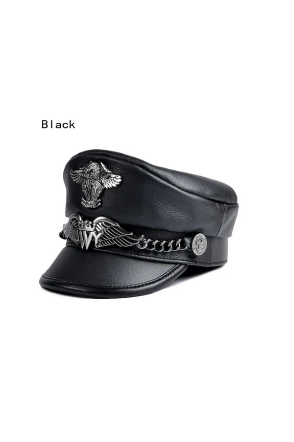 Exclusive German Cap Man Genuine Leather Flat Top Hat Korean Fashion Mark Chain Punk Locomotive Casquette Male ,Classic Vintage