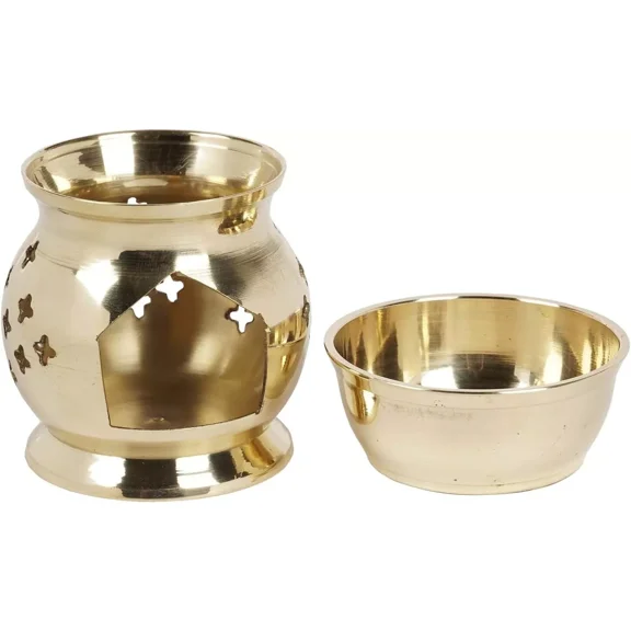 Exclusive Global Decorative Brass Aroma Oil Diffuser Lamp Set, 8.9 cm, Traditional Design with Tealight Holder and Bowl, Gold