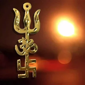 Exclusive Global Ecom Metal Trishakti Set of 2, Yantra Swastik Om Trishul, Gold, Home Decor