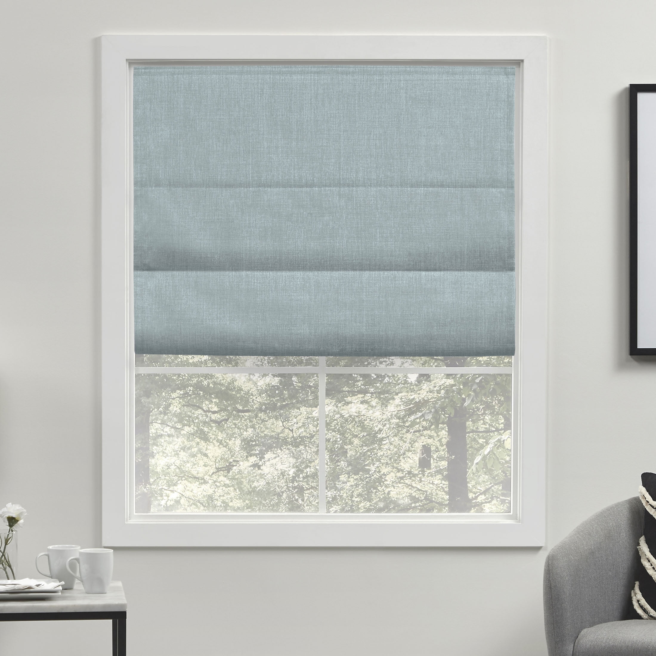 Acadia Aqua Cordless Blackout Roman Shade with Linen Look Fabric, 34" x 64"