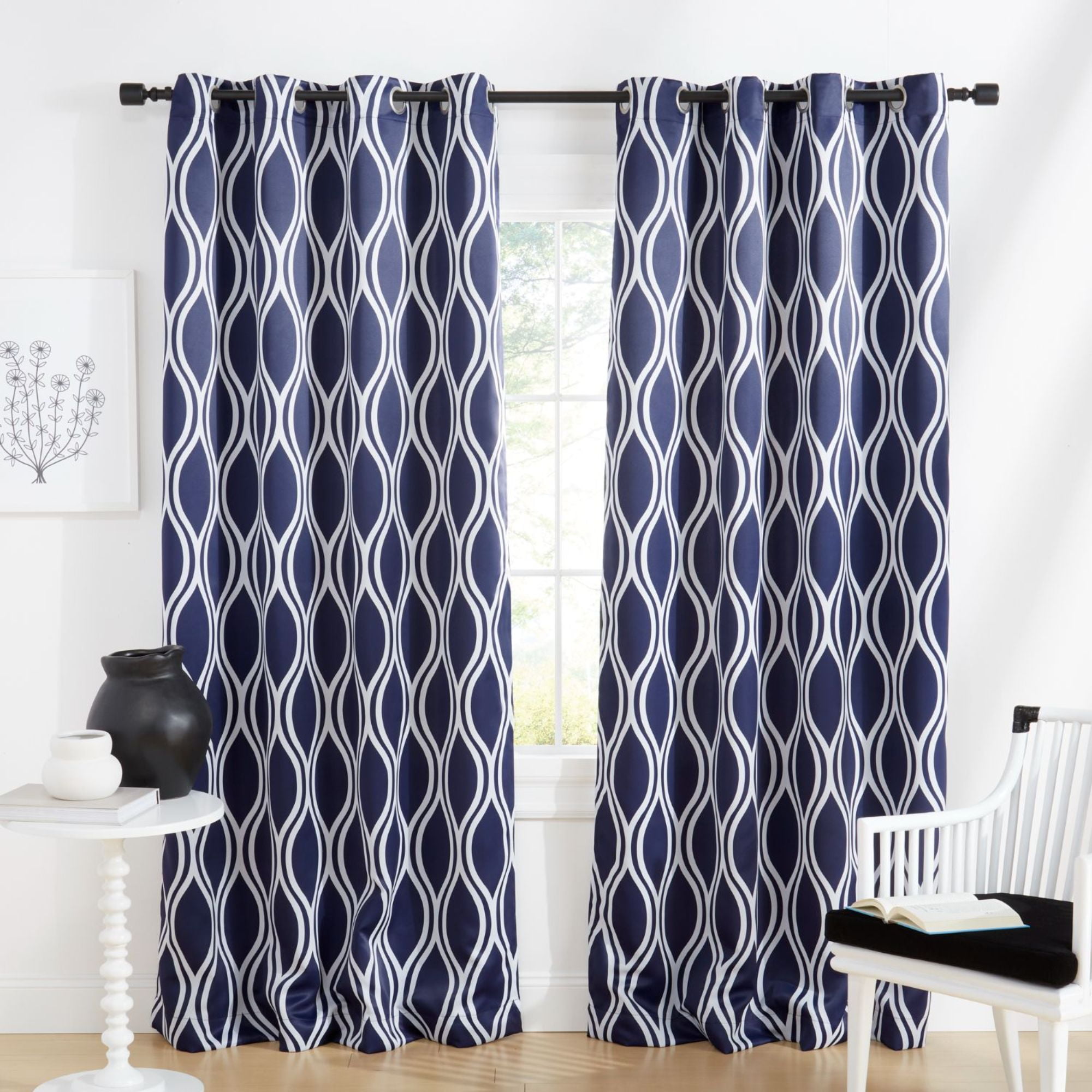 Peacoat Blue Geometric Room-Darkening Grommet Curtain Panels