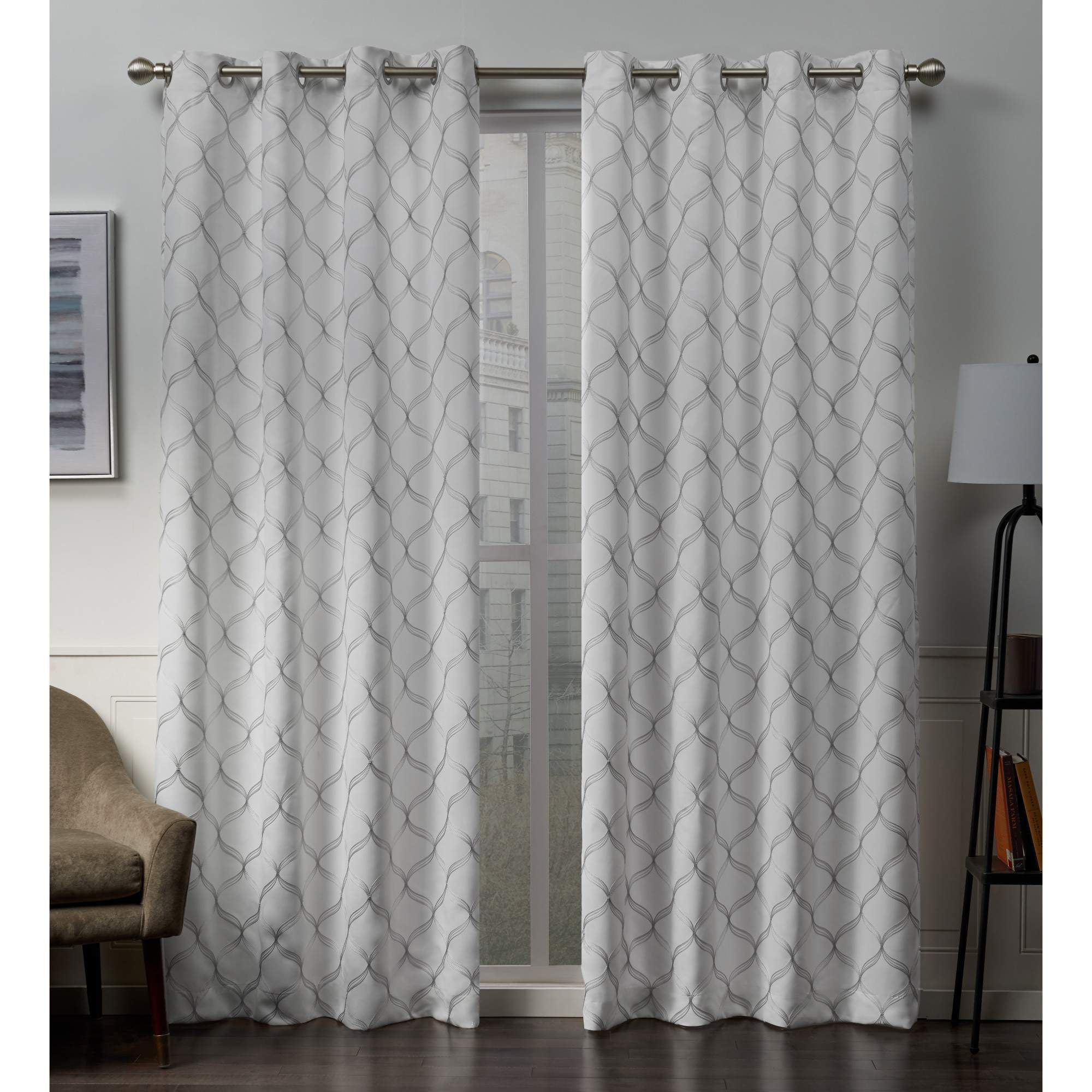 Amelia White Embroidered Blackout Grommet Curtain Panels 52x84