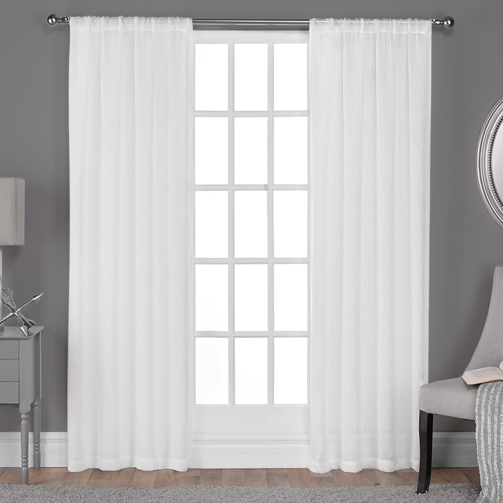Exclusive Home Belgian Textured Linen Look Jacquard Sheer Rod Pocket Curtain Panel Pair, 50"x96", Winter White