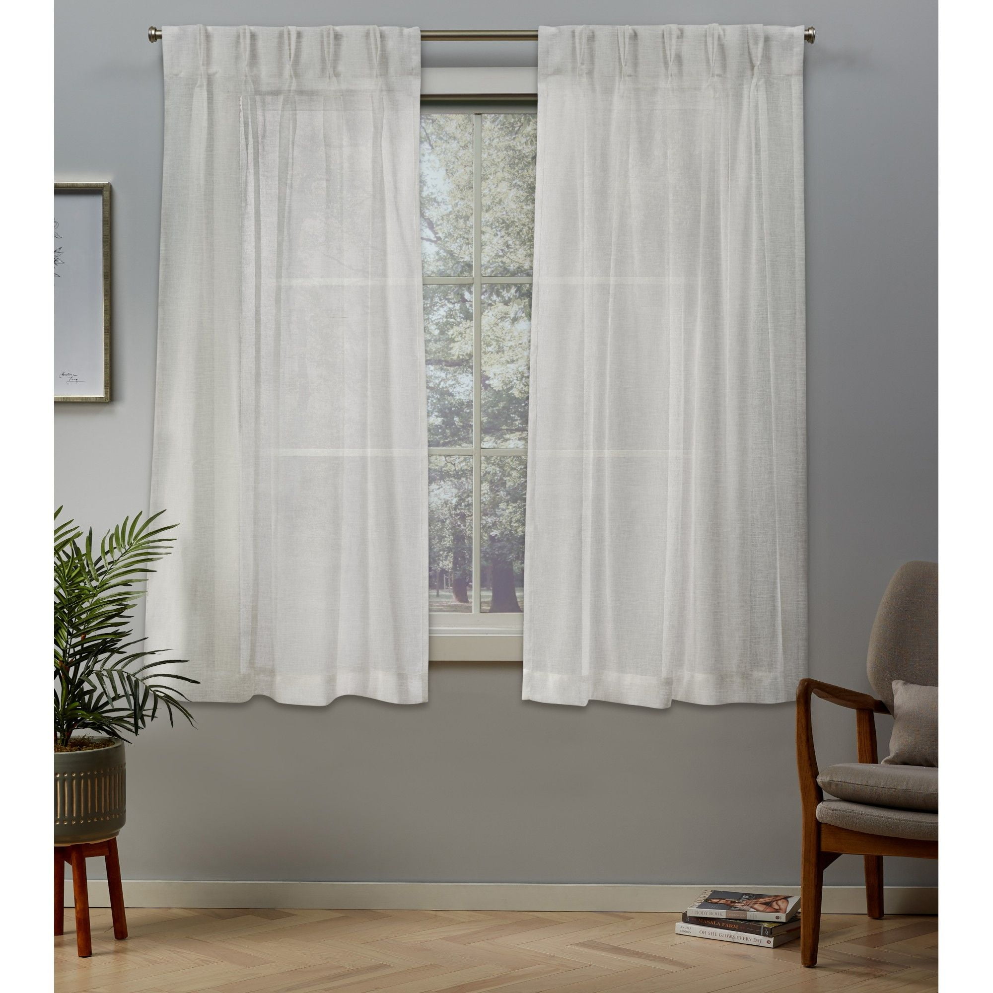 Snowflake Sheer Linen Look Pinch Pleat Curtain Panels, 63"