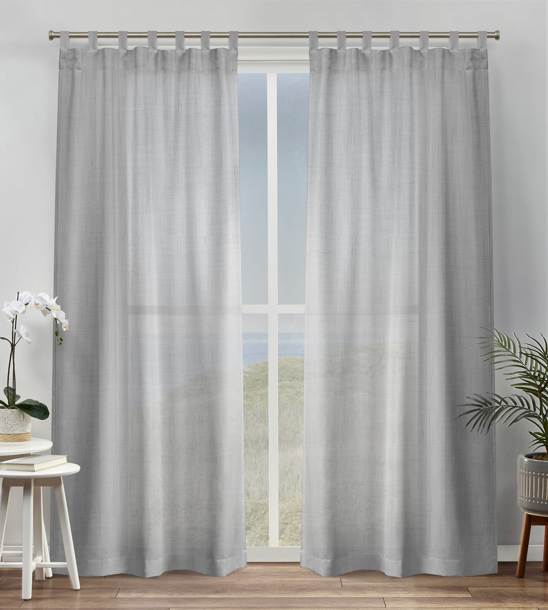 Silver Sheer Polyester Tab Top Window Curtain Panels, 54" x 96"