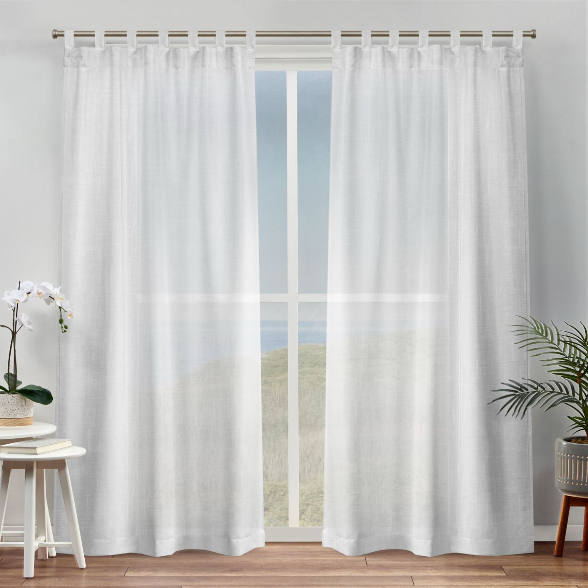 Bella Sheer White Linen Look Curtain Panels, 54" x 96", Set of 2