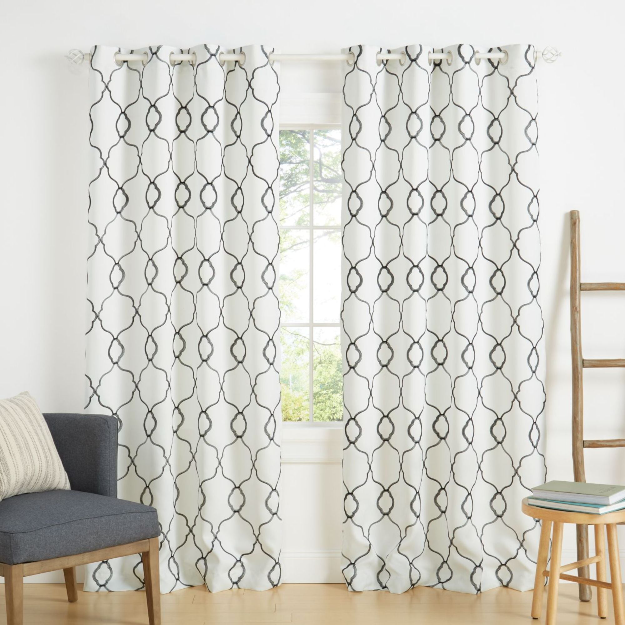 Winter Black Embroidered Blackout Grommet Curtain Panels