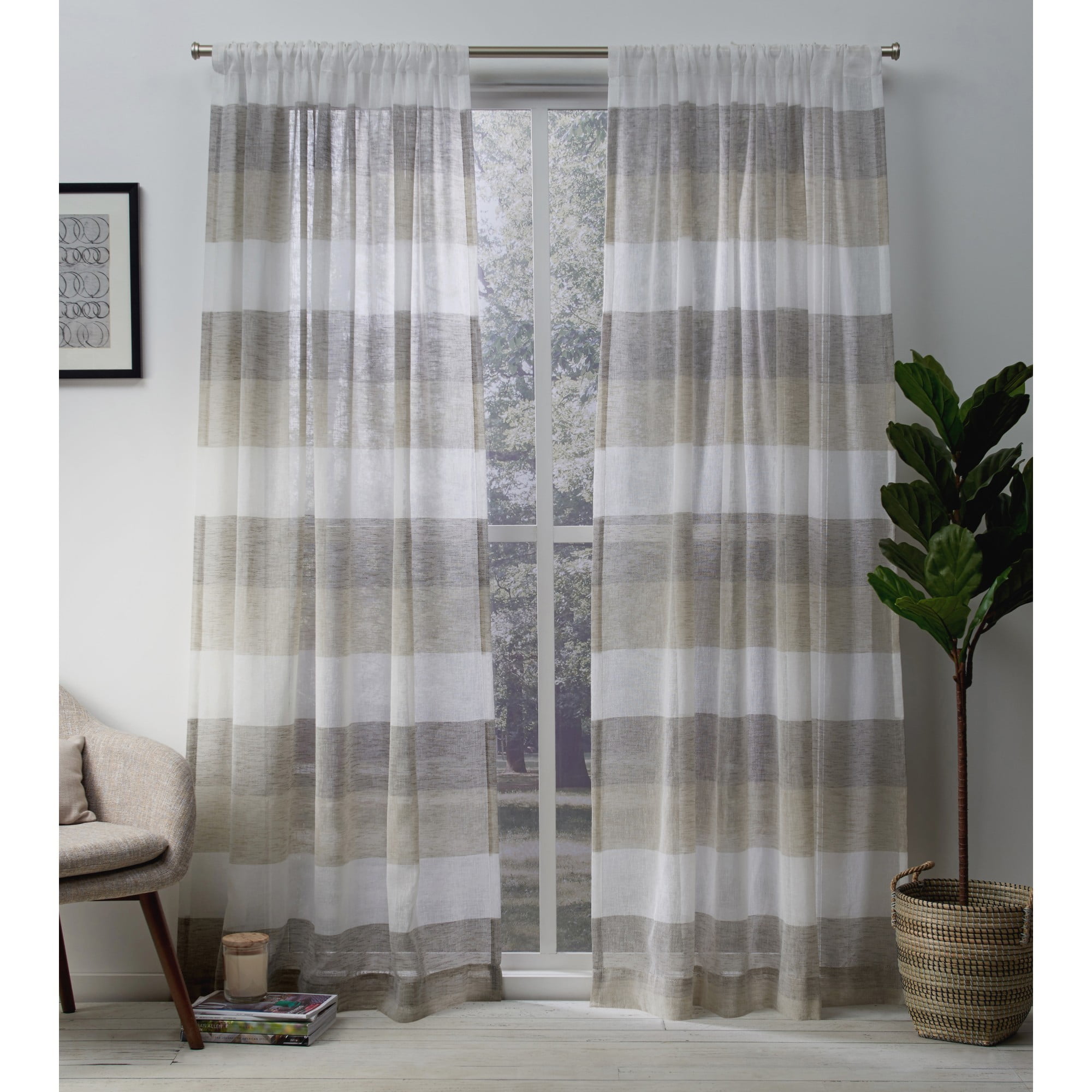 Exclusive Home Curtains Bern Stripe Light Filtering Semi-Sheer Rod Pocket Curtain Panel Pair, 54x84, Natural