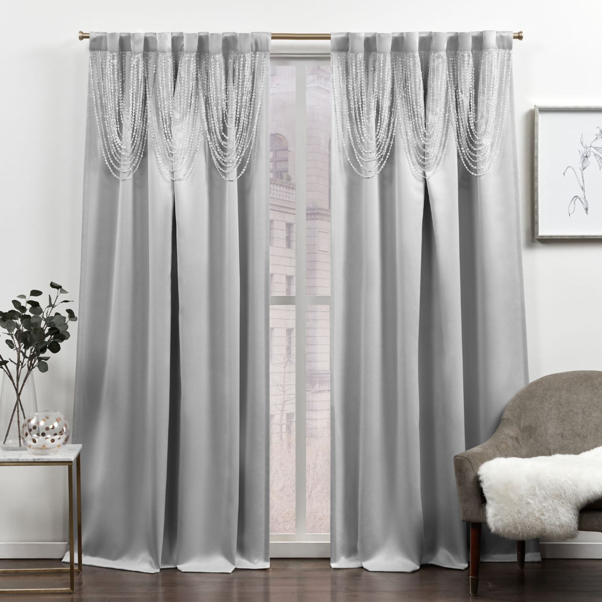 Silver Polyester Room Darkening Pleated Curtain Panels