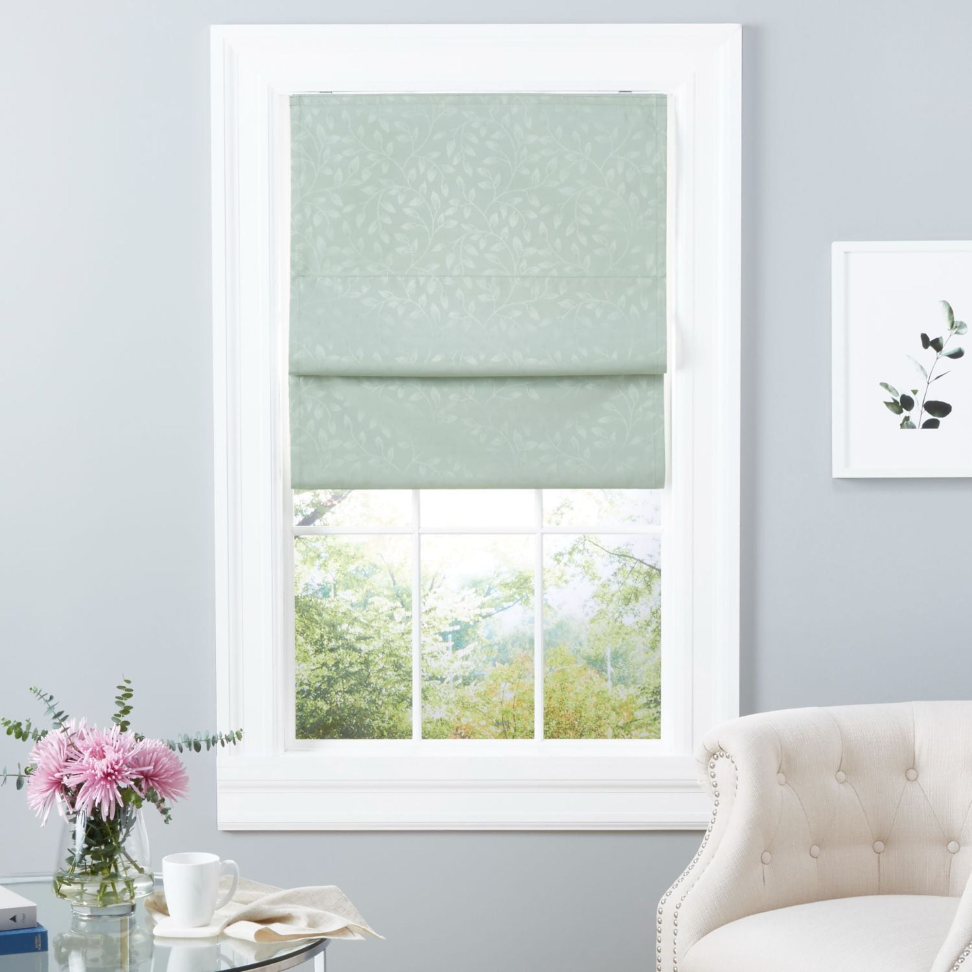Sage Green Cordless Blackout Roman Shade with Jacquard Leaf Pattern