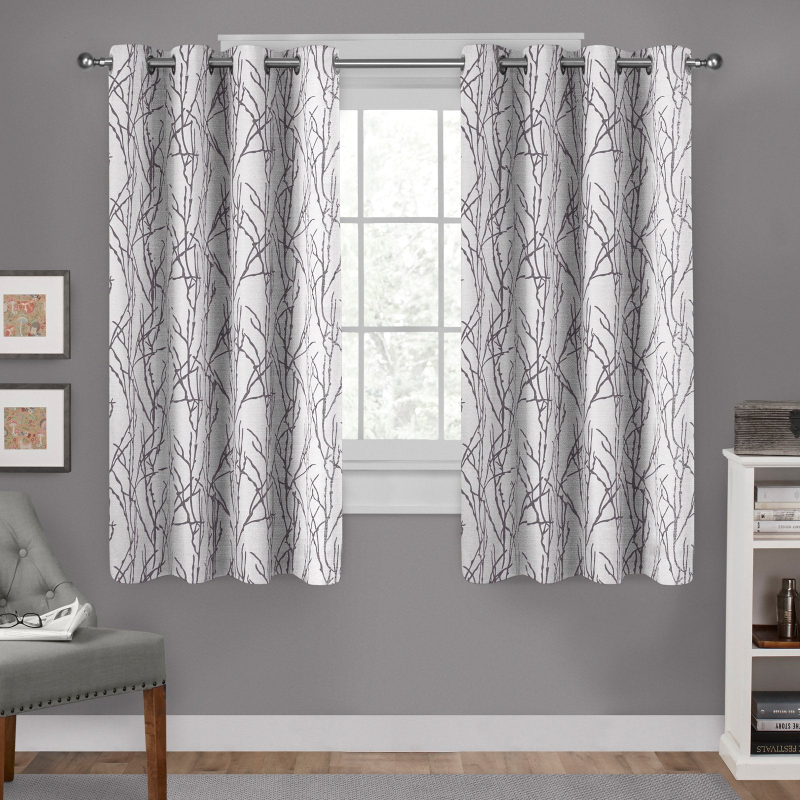 Branches Black Pearl Light Filtering Linen Blend Grommet Curtain Panel Pair