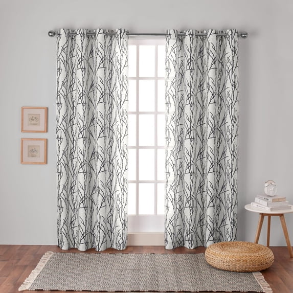 Exclusive Home Branches Linen Blend Grommet Top Curtain Panel Pair, 54"x84", Black