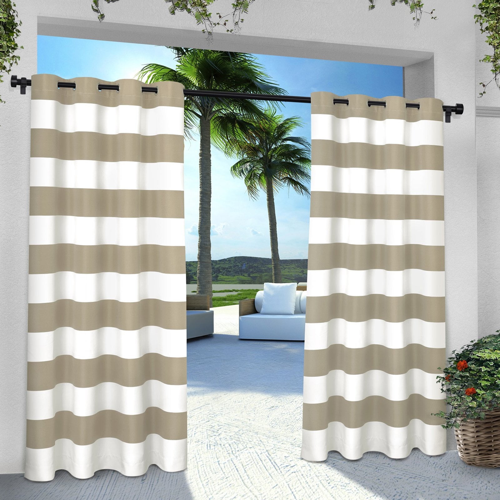 Taupe Stripe Polyester Light-Filtering Grommet Curtain Panels, 54" x 84"