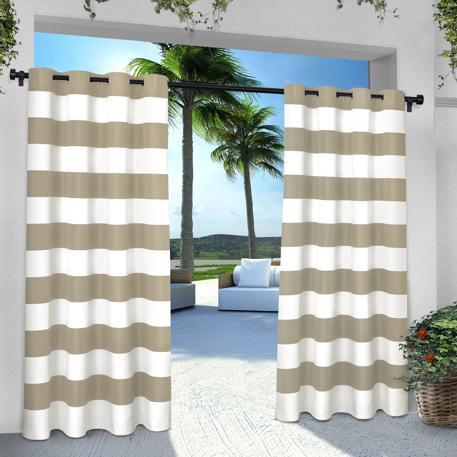 Taupe Stripe Polyester Light-Filtering Grommet Curtain Panels, 54" x 84"