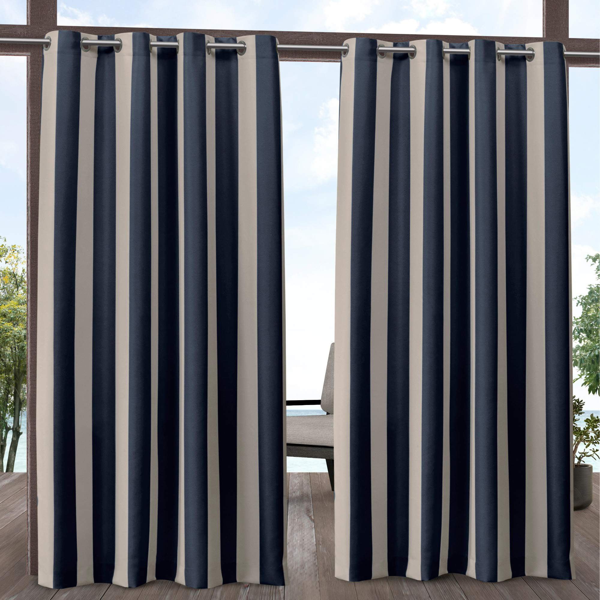 Exclusive Home Canopy Stripe Indoor Outdoor Grommet Top Curtain Panel Pair, 54"x108", Navy Sand