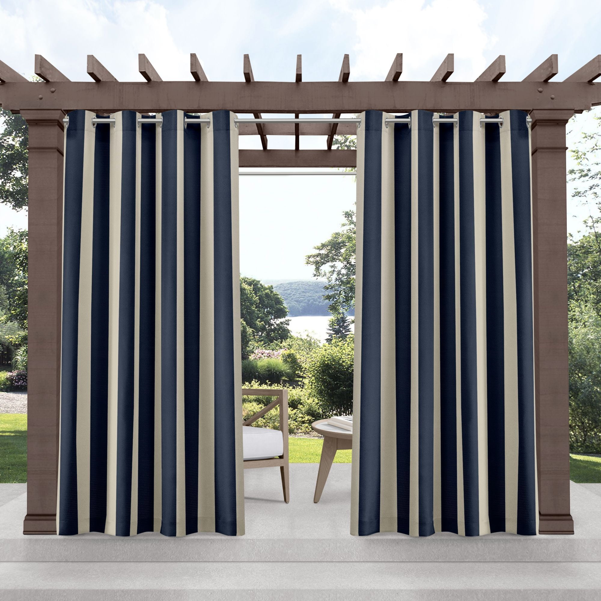 Navy and Sand Light-Filtering Polyester Grommet Curtain Panels