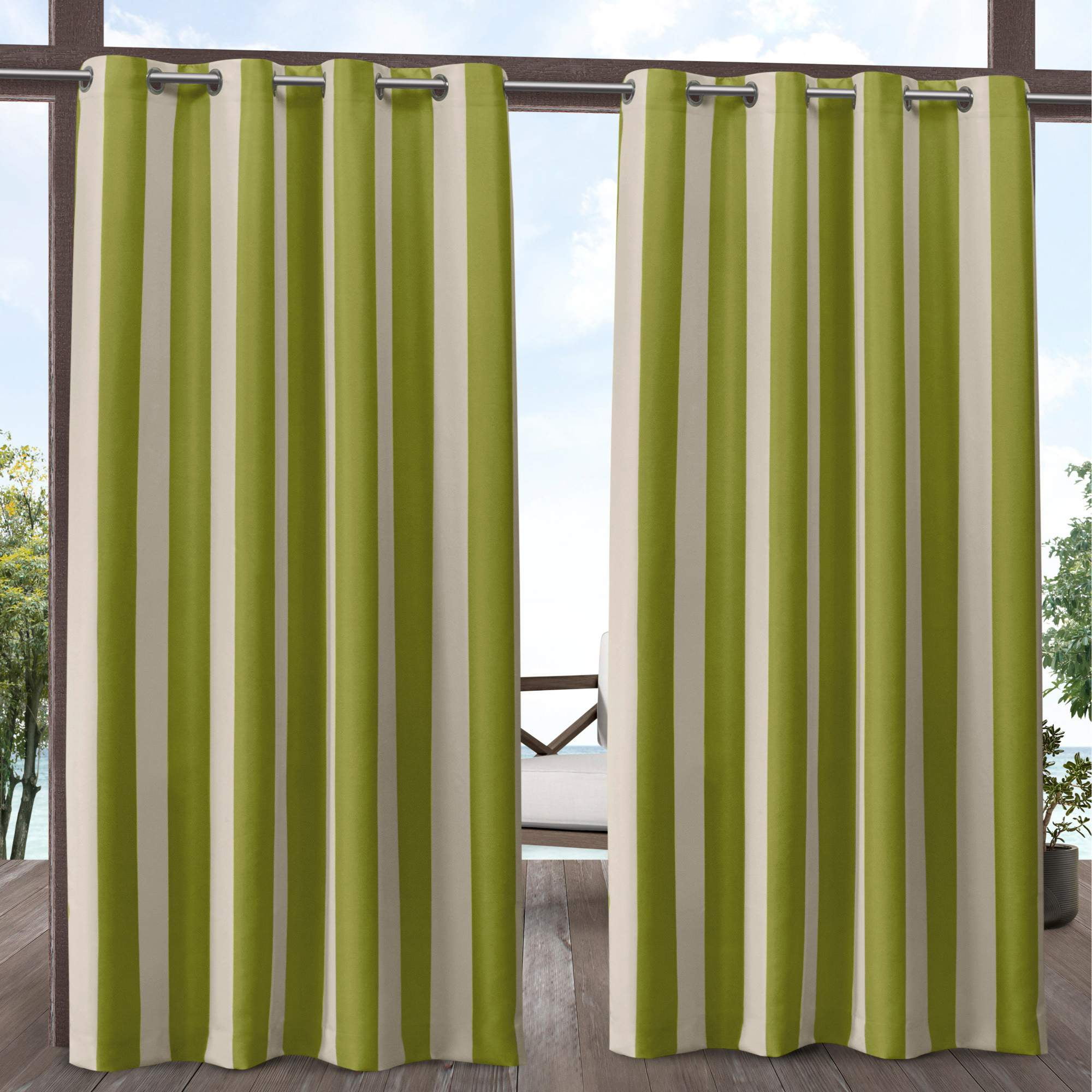 Exclusive Home Canopy Stripe Indoor/Outdoor Grommet Top Curtain Panel Pair, 54"x96", Kiwi / Sand