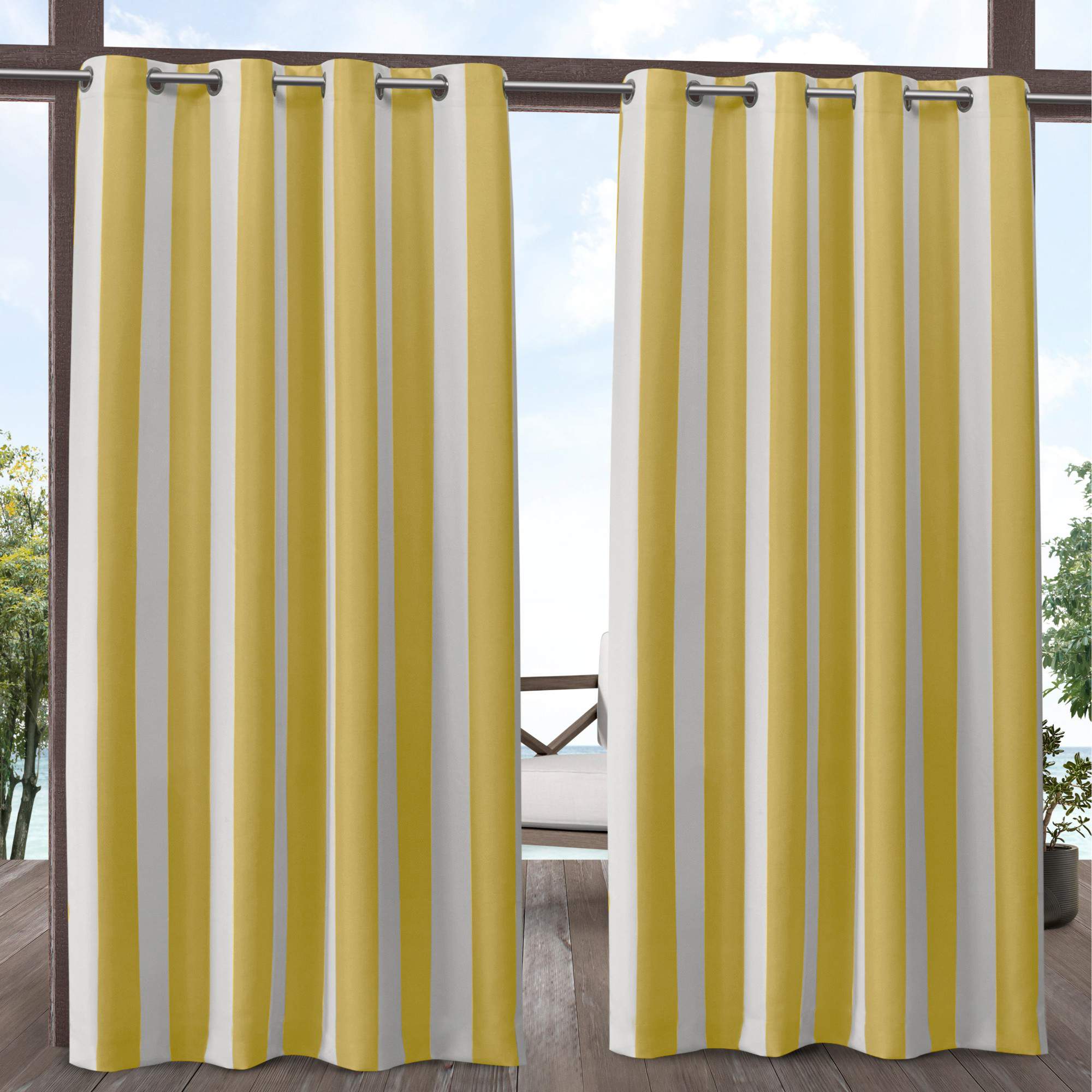 Exclusive Home Canopy Stripe Indoor/Outdoor Grommet Top Curtain Panel Pair, 54"x96", Sunbath / White - image 1 of 6