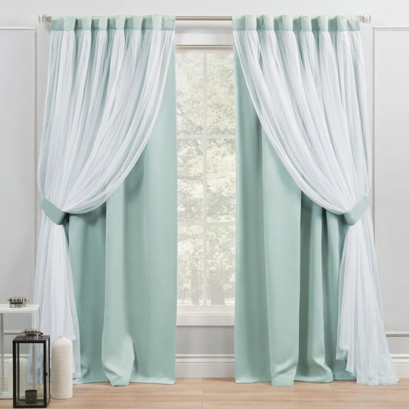 Exclusive Home Catarina Layered Solid Room Darkening Blackout and Sheer Hidden Tab/Rod Pocket Top Curtain Panel Pair, 52"x96", Aqua, Set of 2