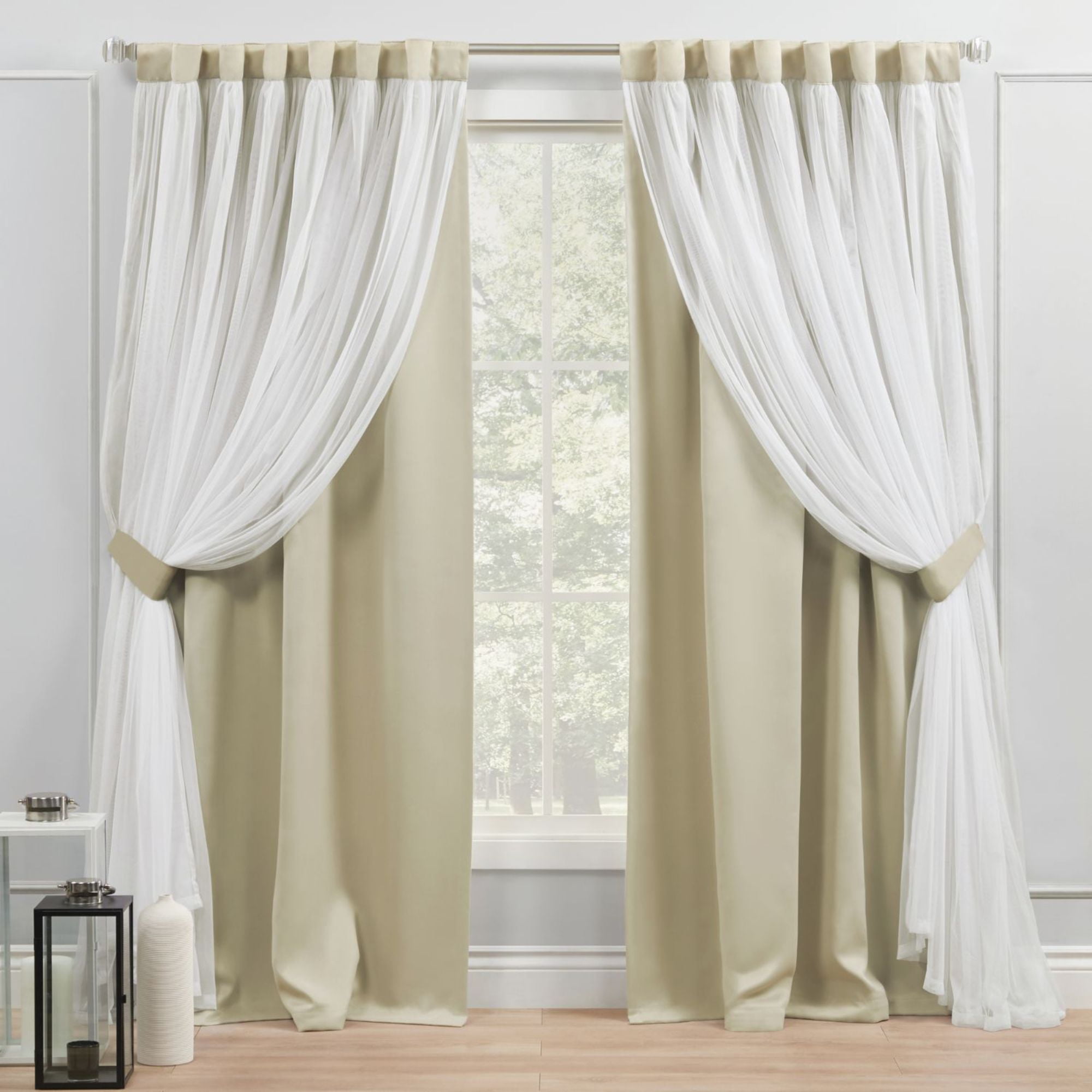 Exclusive Home Catarina Layered Solid Room Darkening Blackout and Sheer Hidden Tab/Rod Pocket Top Curtain Panel Pair, 52"x96", Sand, Set of 2