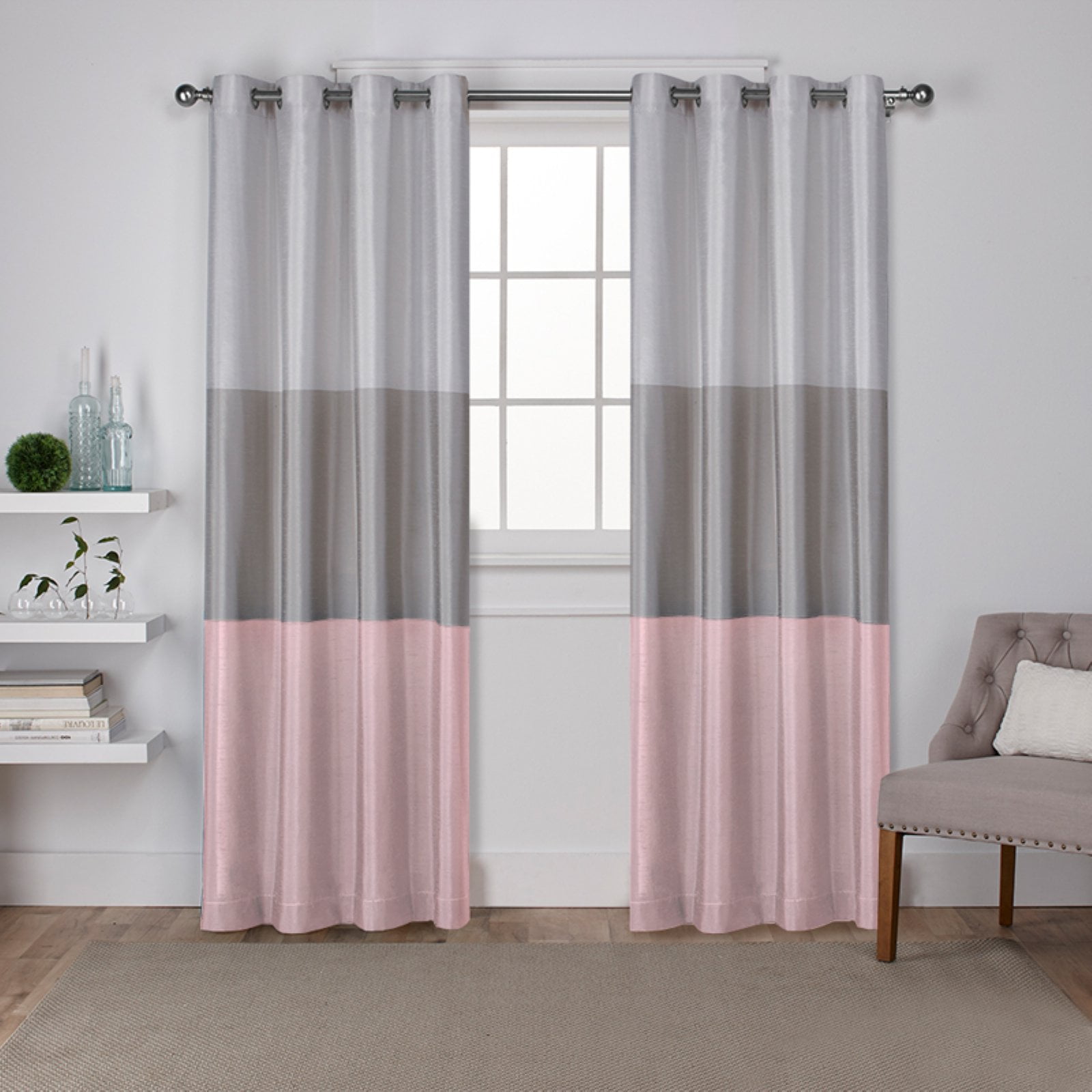 Exclusive Home Chateau Striped Faux Silk Grommet Top Curtain Panel Pair, 54"x108", Blush