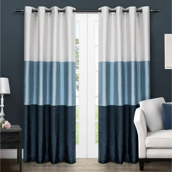Exclusive Home Chateau Striped Faux Silk Grommet Top Curtain Panel Pair, 54"x108", Indigo