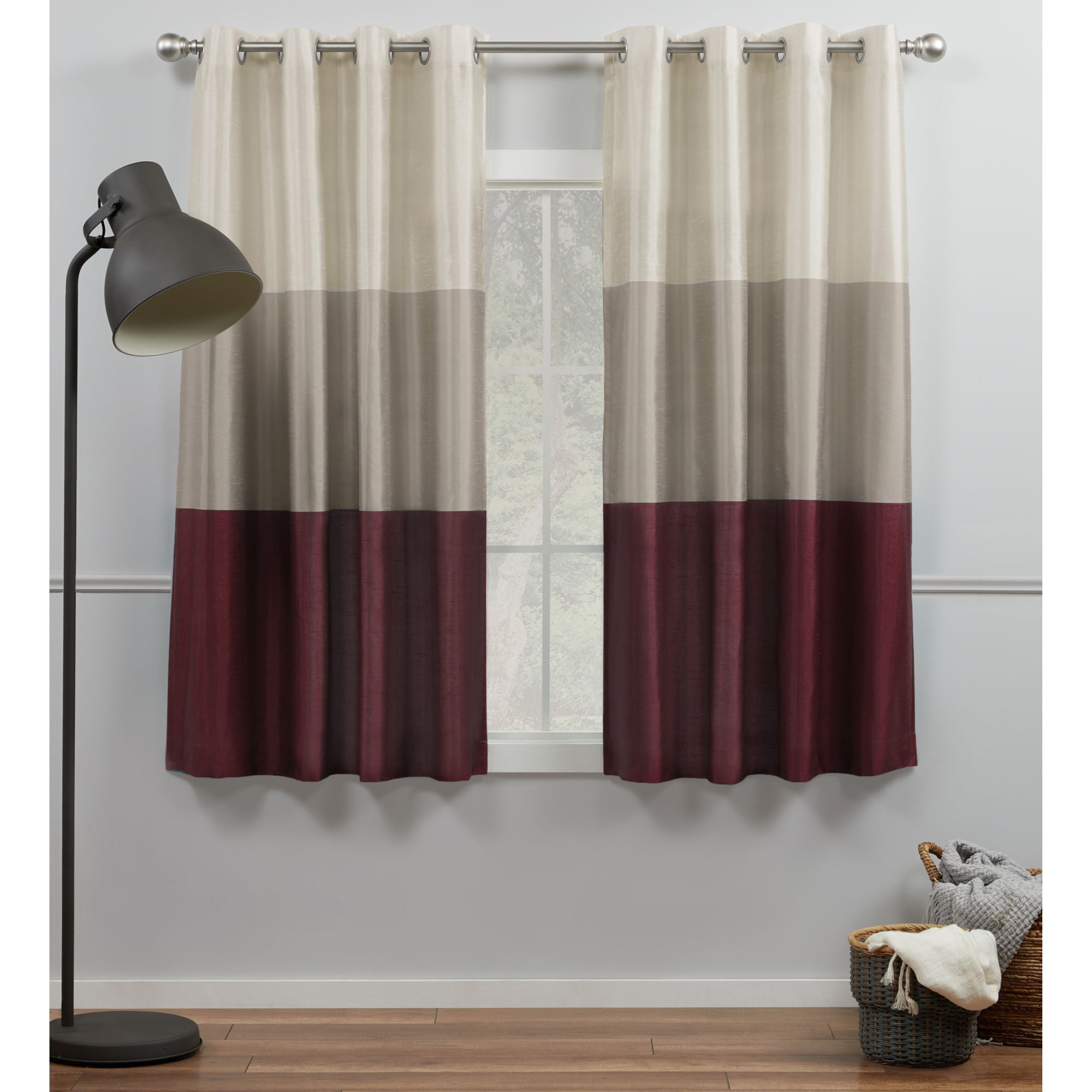 Exclusive Home Chateau Striped Faux Silk Grommet Top Curtain Panel Pair, 54"x63", Burgundy Taupe