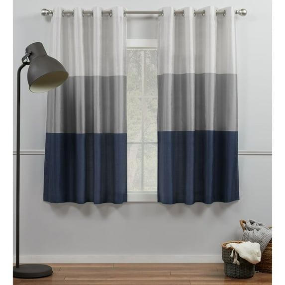 Exclusive Home Chateau Striped Faux Silk Grommet Top Curtain Panel Pair, 54"x63", Navy Grey