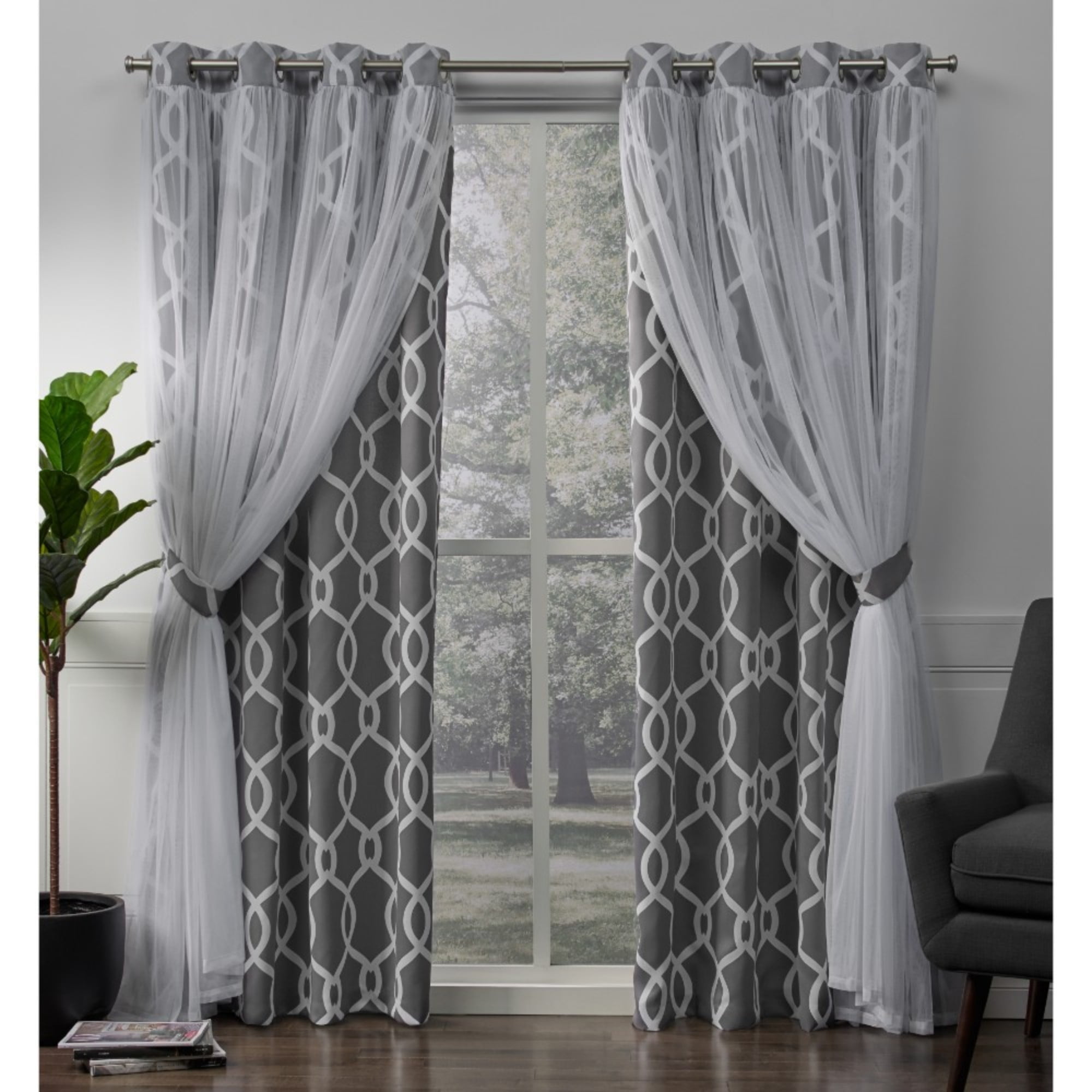 Exclusive Home Curtains 2 Pack Carmela Layered Geometric Blackout and Sheer Grommet Top Curtain Panels, Charcoal, 52x84