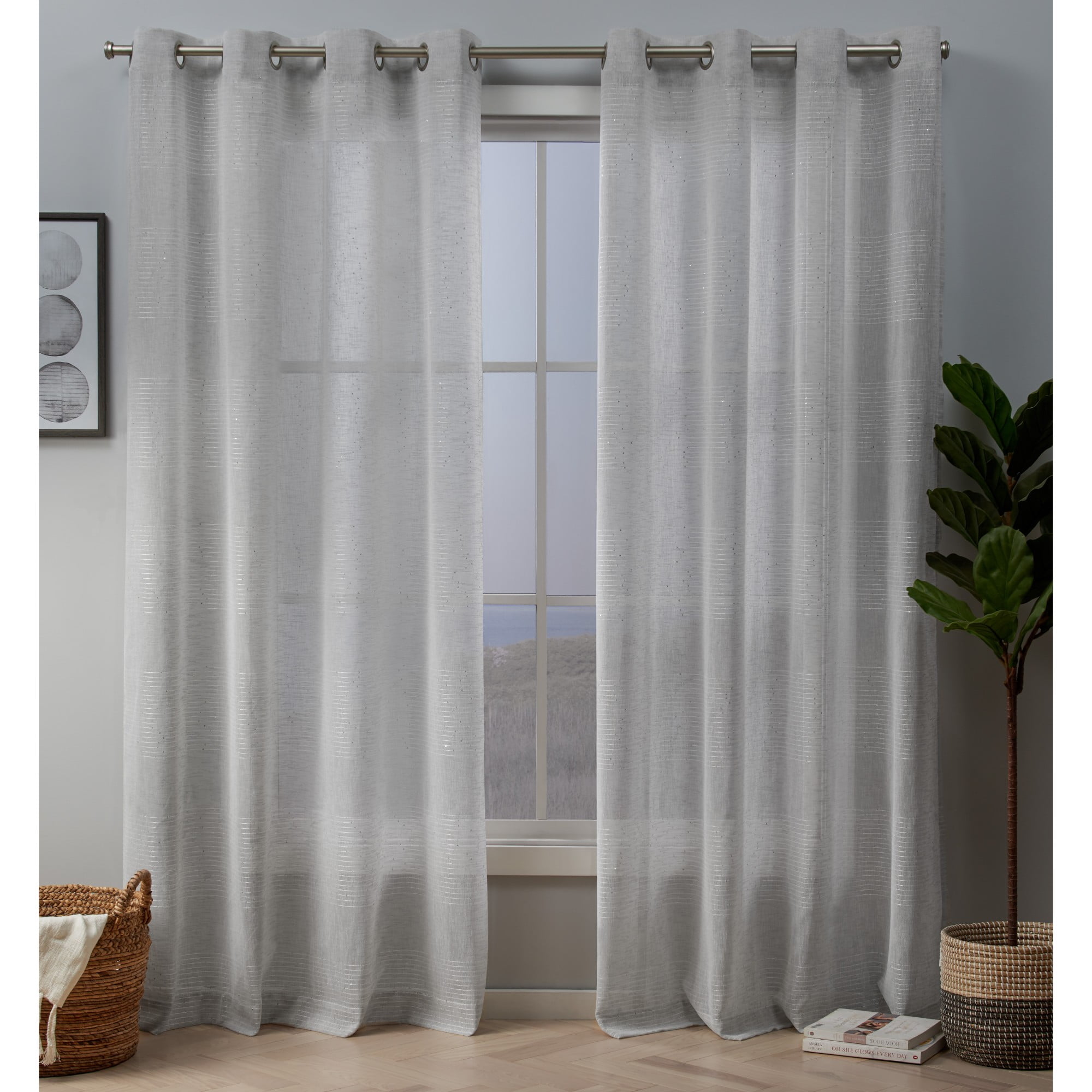 Exclusive Home Curtains 2 Pack Crest Stripe Embellished Sheer Grommet Top Curtain Panels, 54x84, Silver