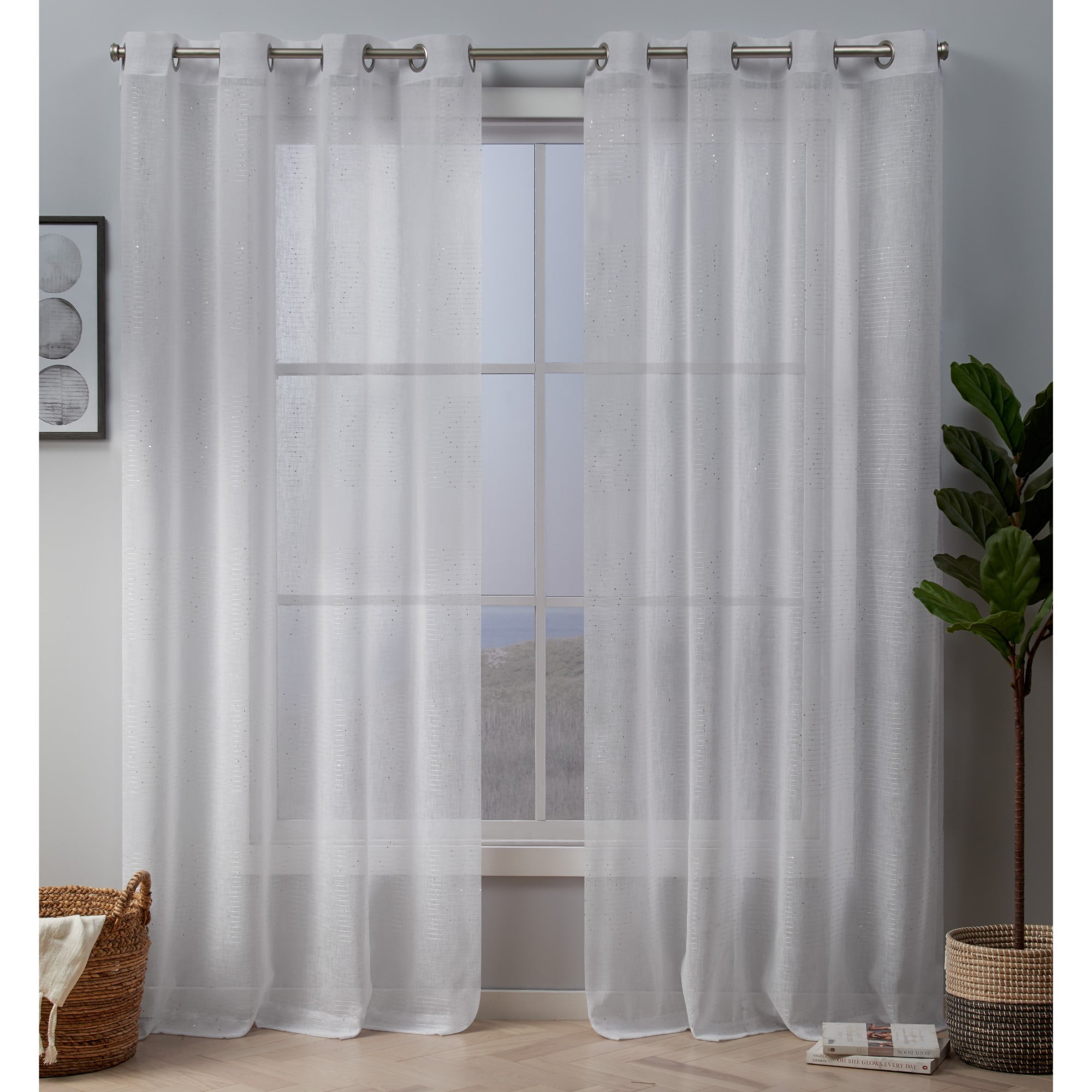 Exclusive Home Curtains 2 Pack Crest Stripe Embellished Sheer Grommet Top Curtain Panels, 54x96, Winter