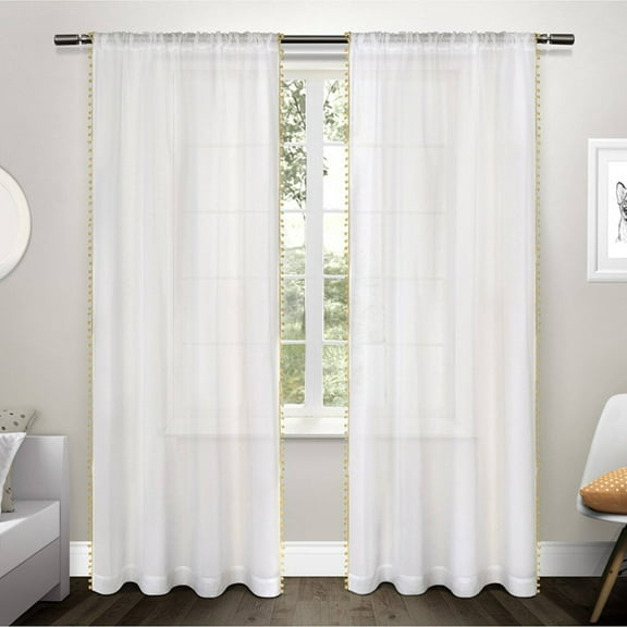 Exclusive Home Curtains 2 Pack Pom Pom Applique Bordered Textured Sheer Rod Pocket Curtain Panels