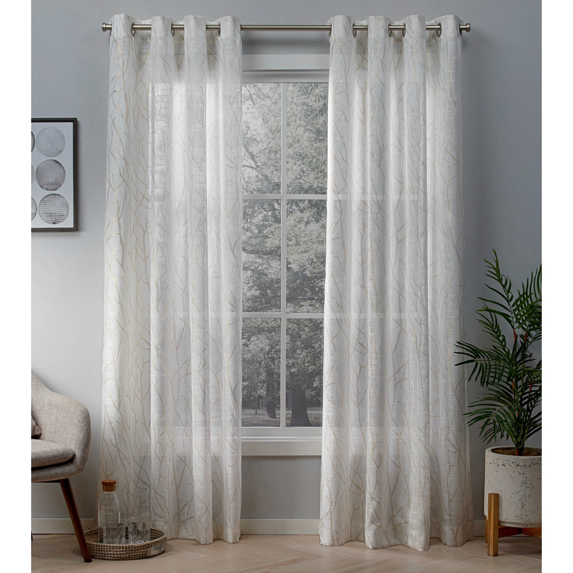 Exclusive Home Curtains 2 Pack Woodland Printed Metallic Branch Sheer Textured Linen Grommet Top Curtain Panels