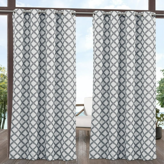 Exclusive Home Curtains Bamboo Trellis Indoor/Outdoor Light Filtering Grommet Top Curtain Panel Pair, 54x120, Grey/White, Set of 2