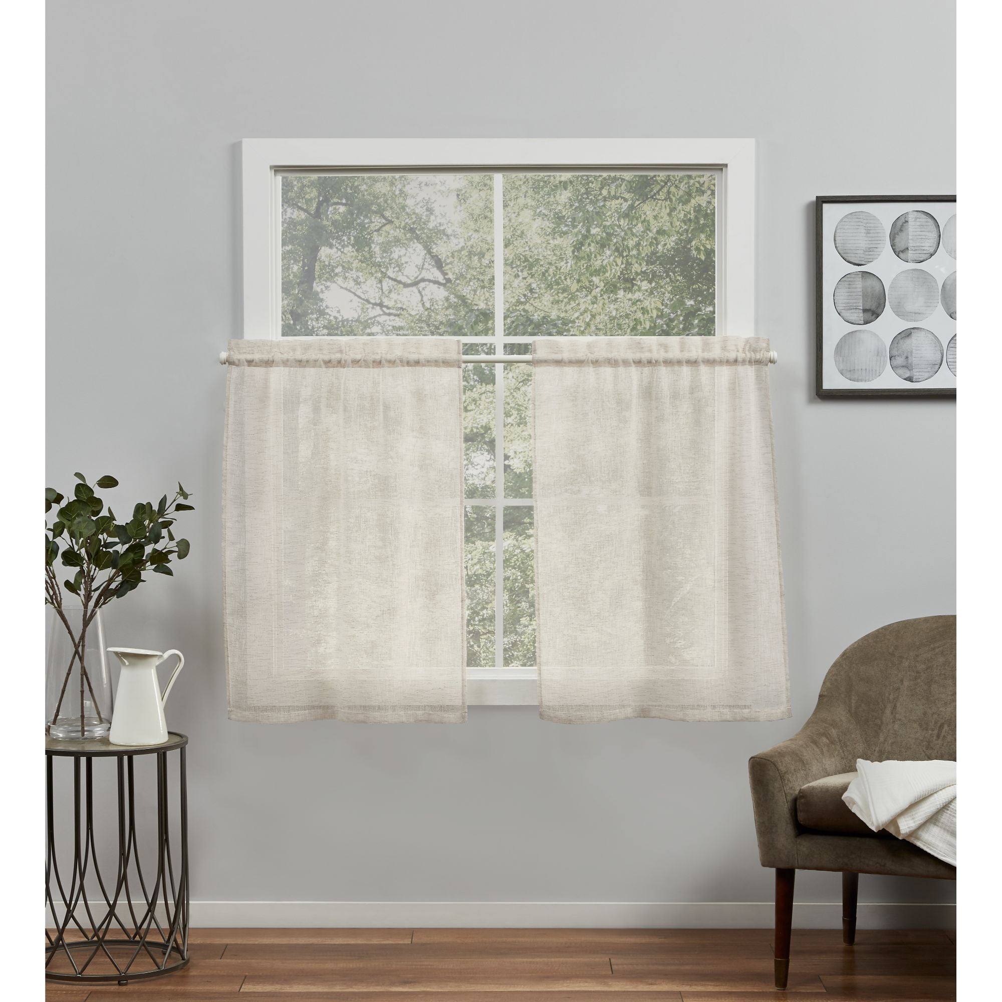 Exclusive Home Curtains Belgian Sheer Rod Pocket Tier Curtain Panel Pair, 26x36, Taupe, Set of 2