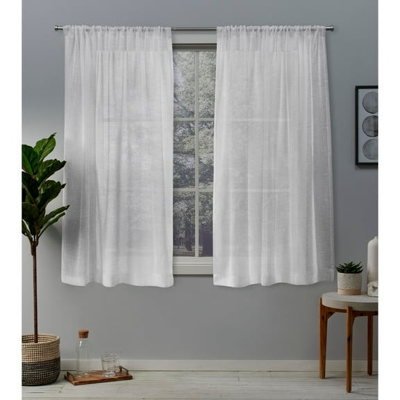 Exclusive Home Curtains Belgian Textured Linen Look Jacquard Sheer Rod Pocket Curtain Panel Pair, 50x63, Winter White