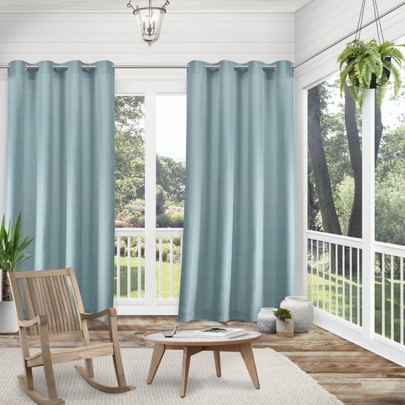 Exclusive Home Curtains Biscayne Indoor/Outdoor Two Tone Textured Grommet Top Curtain Panel Pair, 54x120, Pool Blue