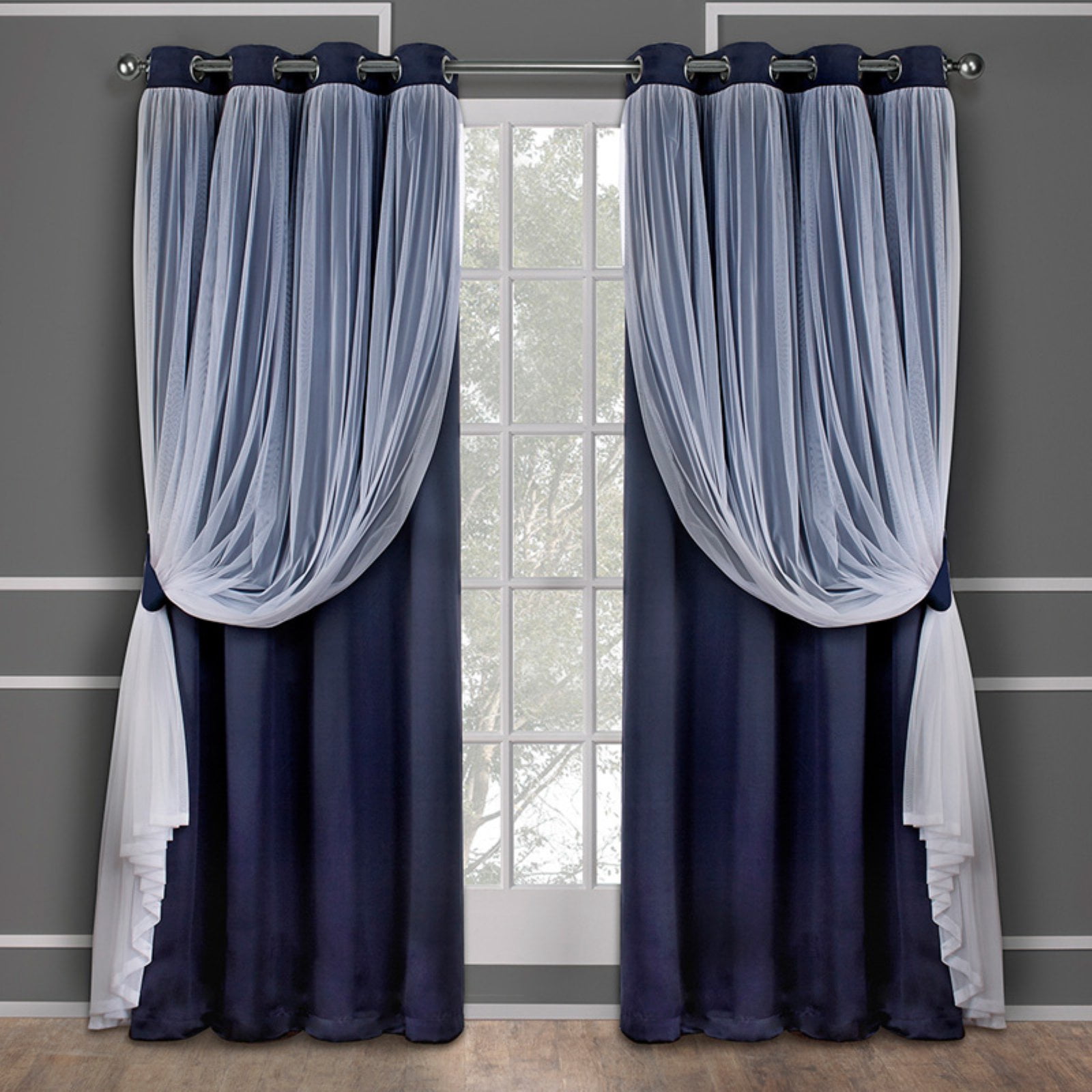 Exclusive Home Curtains Catarina Layered Solid Room Darkening Blackout and Sheer Grommet Top Curtain Panel Pair, 52x108, Navy